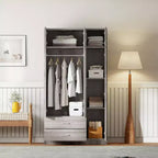 Armoire de rangement en bois à 3 portes avec miroir, 2 tiroirs, étagères, tringle à vêtements et placard supérieur