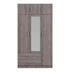 Armoire de rangement en bois à 3 portes avec miroir, 2 tiroirs, étagères, tringle à vêtements et placard supérieur