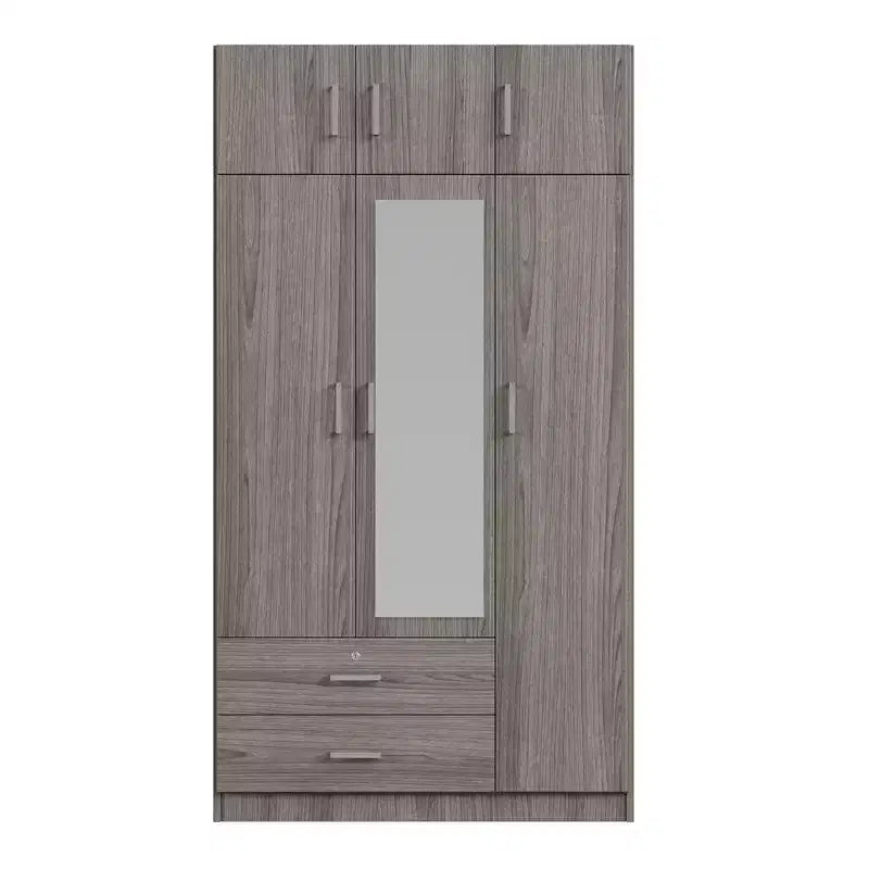 Armoire de rangement en bois à 3 portes avec miroir, 2 tiroirs, étagères, tringle à vêtements et placard supérieur