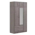 Armoire de rangement en bois à 3 portes avec miroir, 2 tiroirs, étagères, tringle à vêtements et placard supérieur