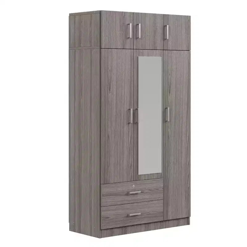 Armoire de rangement en bois à 3 portes avec miroir, 2 tiroirs, étagères, tringle à vêtements et placard supérieur
