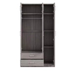 Armoire de rangement en bois à 3 portes avec miroir, 2 tiroirs, étagères, tringle à vêtements et placard supérieur