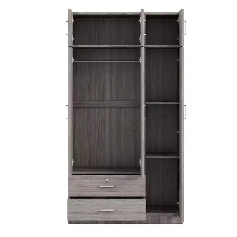 Armoire de rangement en bois à 3 portes avec miroir, 2 tiroirs, étagères, tringle à vêtements et placard supérieur