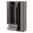 Armoire de rangement en bois à 3 portes avec miroir, 2 tiroirs, étagères, tringle à vêtements et placard supérieur