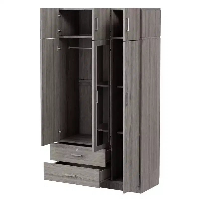 Armoire de rangement en bois à 3 portes avec miroir, 2 tiroirs, étagères, tringle à vêtements et placard supérieur