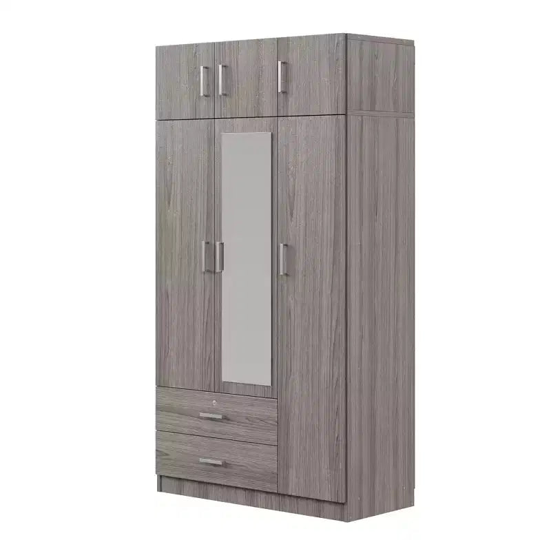 Armoire de rangement en bois à 3 portes avec miroir, 2 tiroirs, étagères, tringle à vêtements et placard supérieur