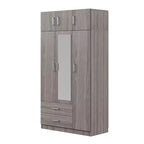 Armoire de rangement en bois à 3 portes avec miroir, 2 tiroirs, étagères, tringle à vêtements et placard supérieur