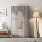 Whisen Wood 3-Door Wooden Wardrobe Armoire with Mirror, 2-Drawers, Shelves, Hanging Rod and Top Cabinet