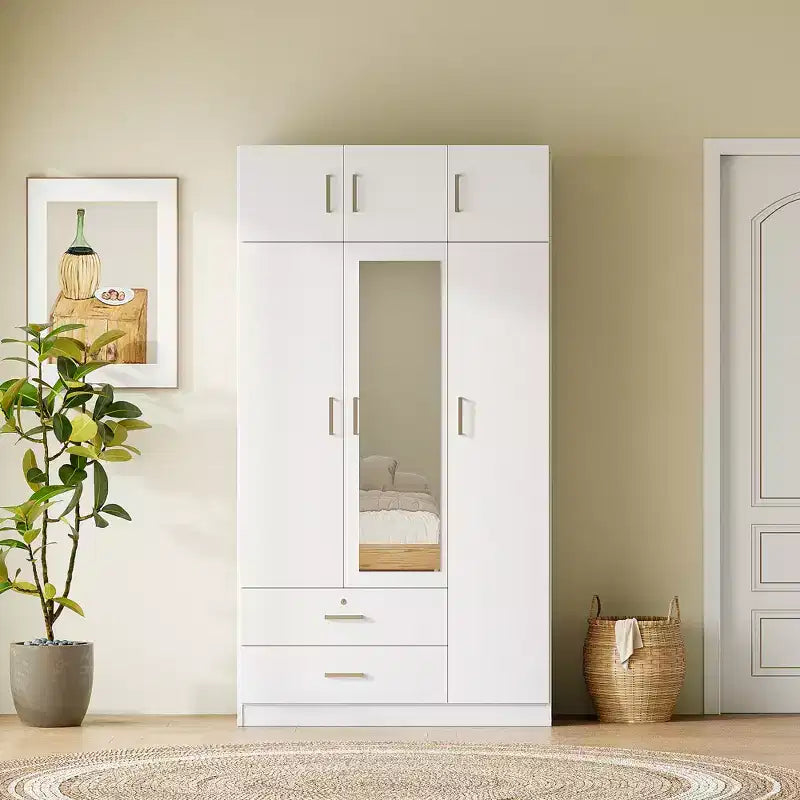 Armoire de rangement en bois à 3 portes avec miroir, 2 tiroirs, étagères, tringle à vêtements et placard supérieur