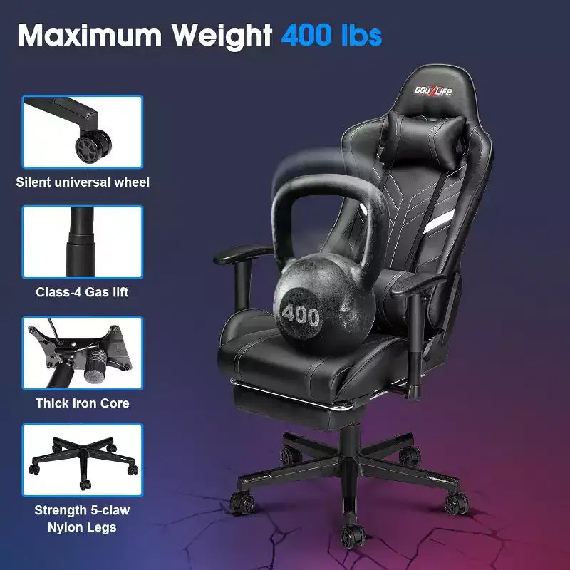 Chaise de jeu ergonomique moderne avec massage 7 points, repose-pieds et accoudoirs réglables Noir