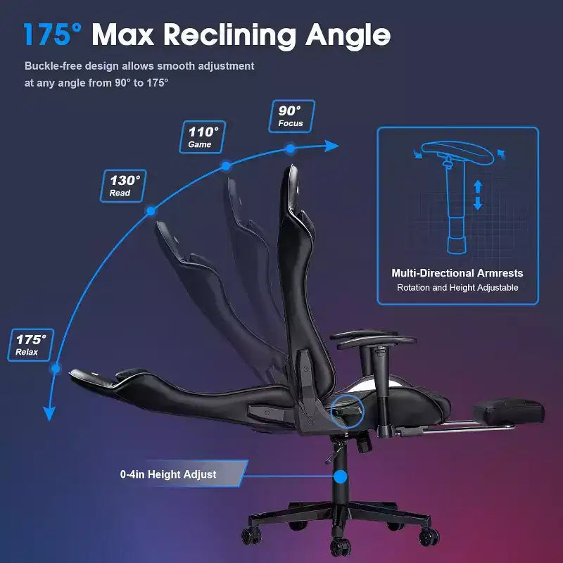 Chaise de jeu ergonomique moderne avec massage 7 points, repose-pieds et accoudoirs réglables Noir