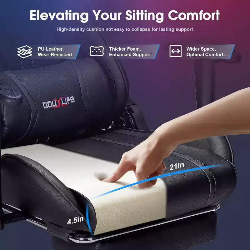 Chaise de jeu ergonomique moderne avec massage 7 points, repose-pieds et accoudoirs réglables Noir