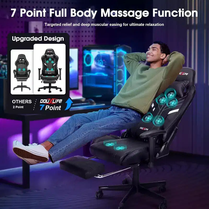 Chaise de jeu ergonomique moderne avec massage 7 points, repose-pieds et accoudoirs réglables Noir