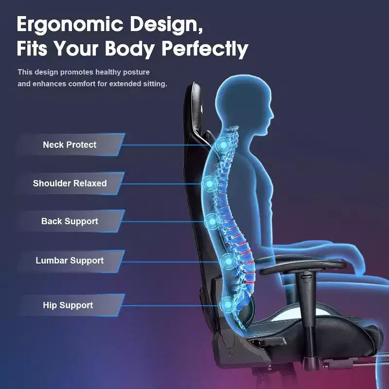 Chaise de jeu ergonomique moderne avec massage 7 points, repose-pieds et accoudoirs réglables Noir