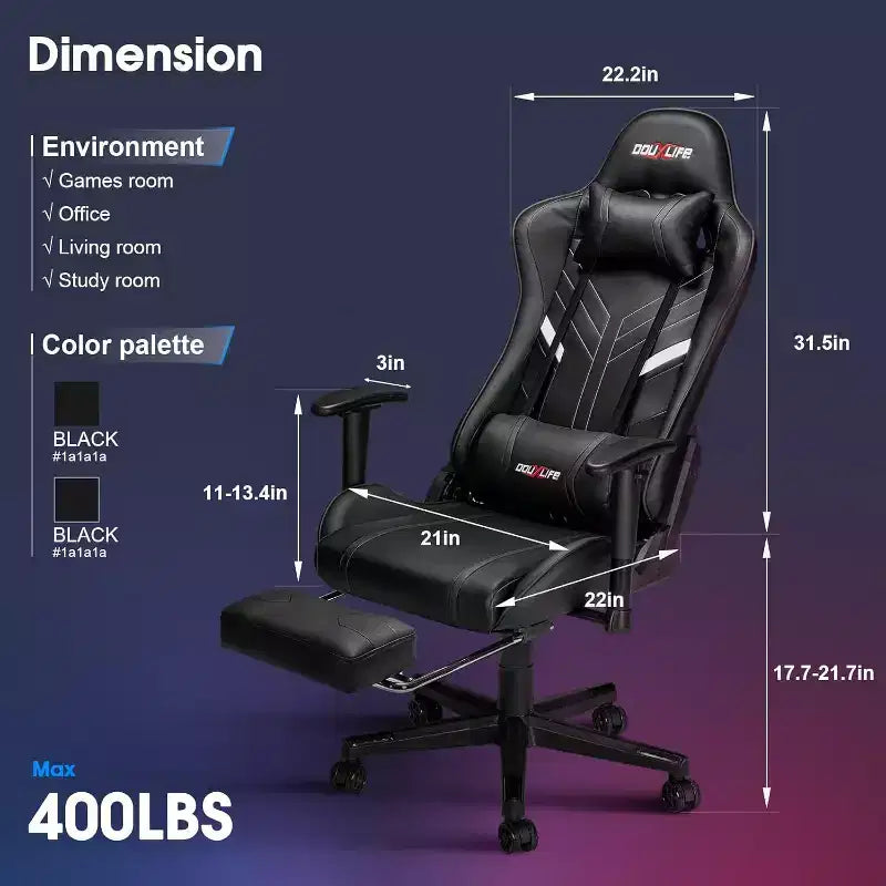 Chaise de jeu ergonomique moderne avec massage 7 points, repose-pieds et accoudoirs réglables Noir