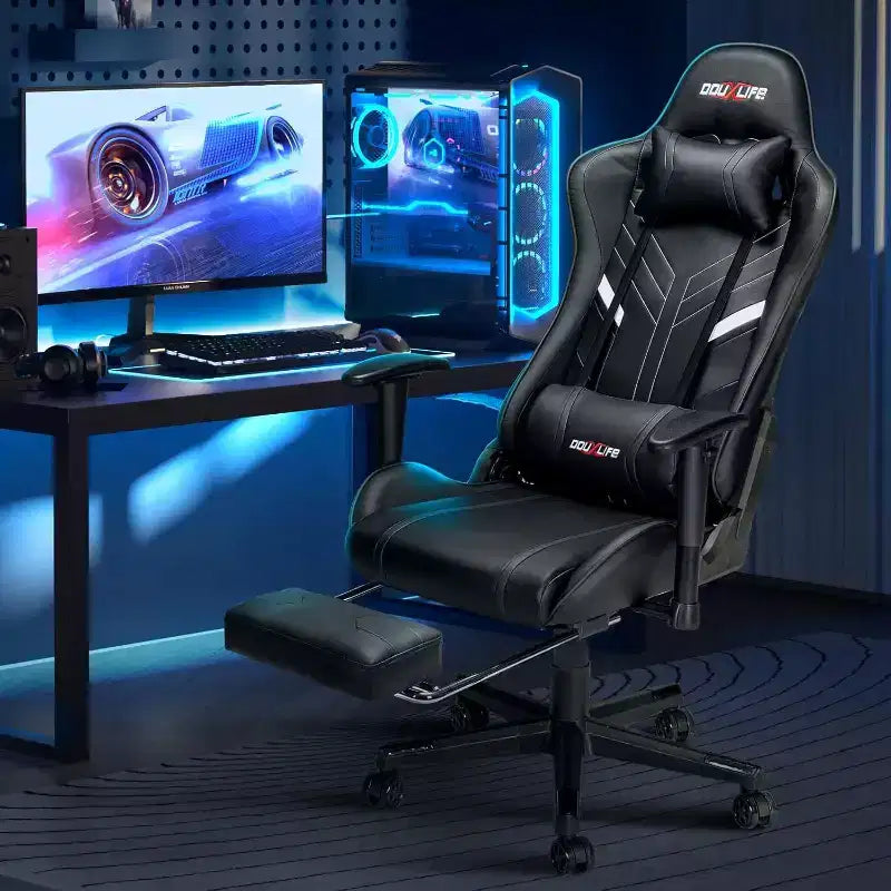 Chaise de jeu ergonomique moderne avec massage 7 points, repose-pieds et accoudoirs réglables Noir