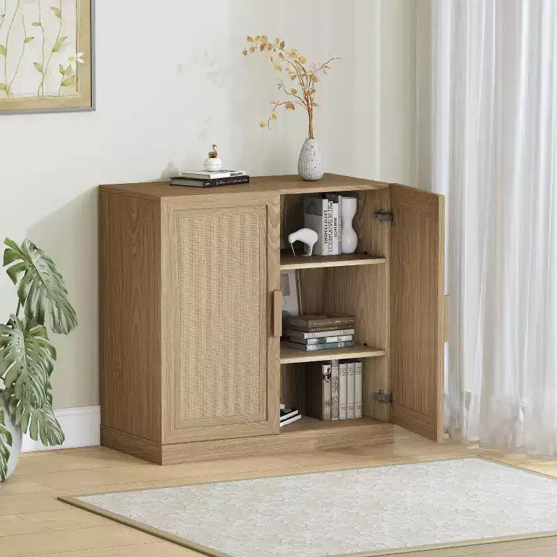 PexFix 31x31x16 Rattan Wood Accent Cabinet with Adjustable Shelf Storage Cabinet Natural