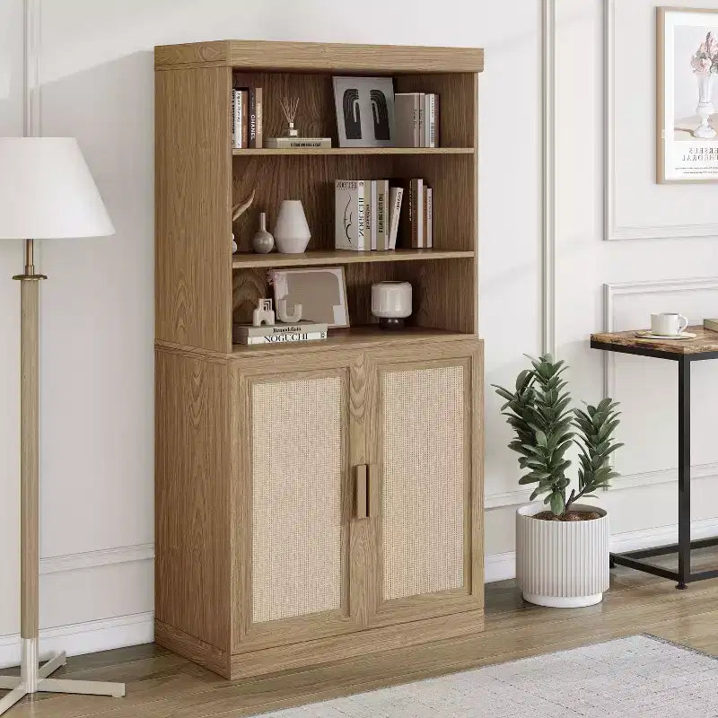 Meuble d'appoint 31x31x16 en rotin et bois avec étagère réglable et armoire de rangement Naturel