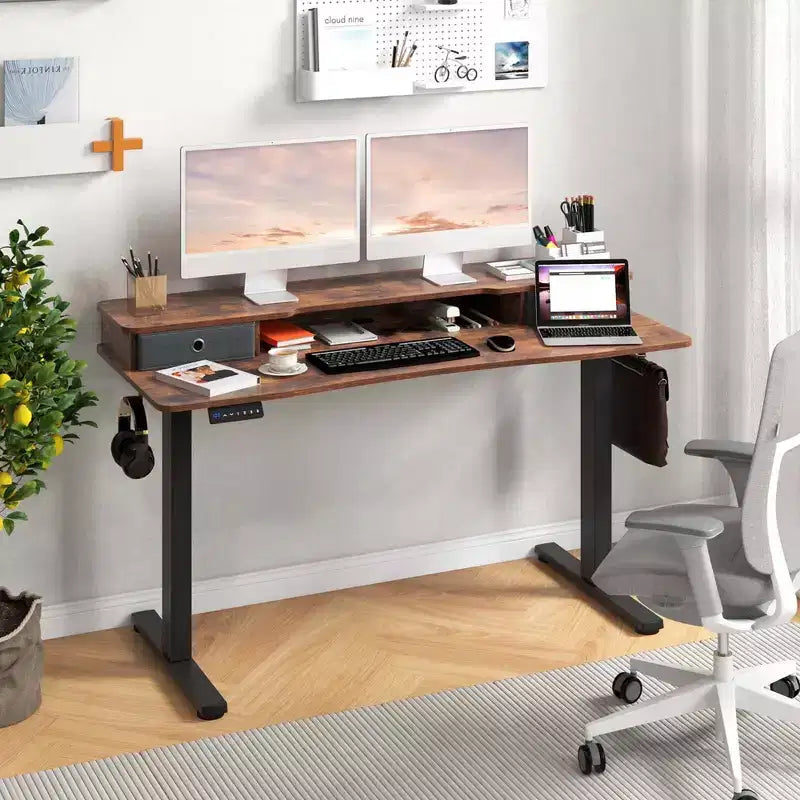 Bureau debout électrique 55x24 avec 2 tiroirs, support d'écran et étagère de rangement Noir/Blanc/Marron