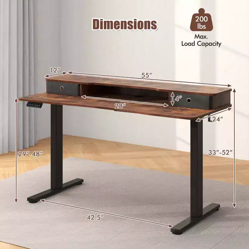 Bureau debout électrique 55x24 avec 2 tiroirs, support d'écran et étagère de rangement Noir/Blanc/Marron