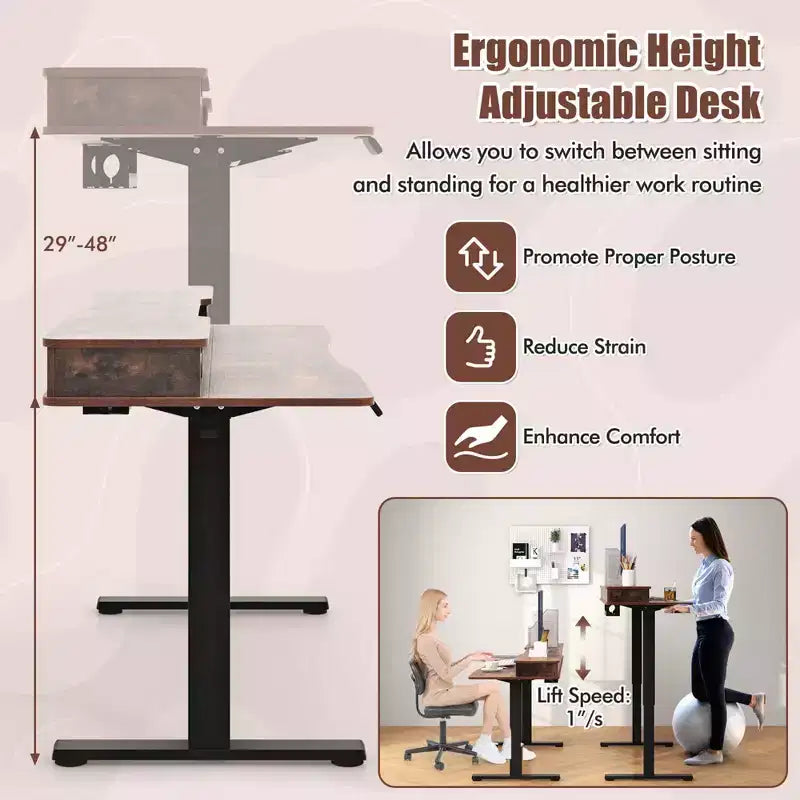 Bureau debout électrique 55x24 avec 2 tiroirs, support d'écran et étagère de rangement Noir/Blanc/Marron