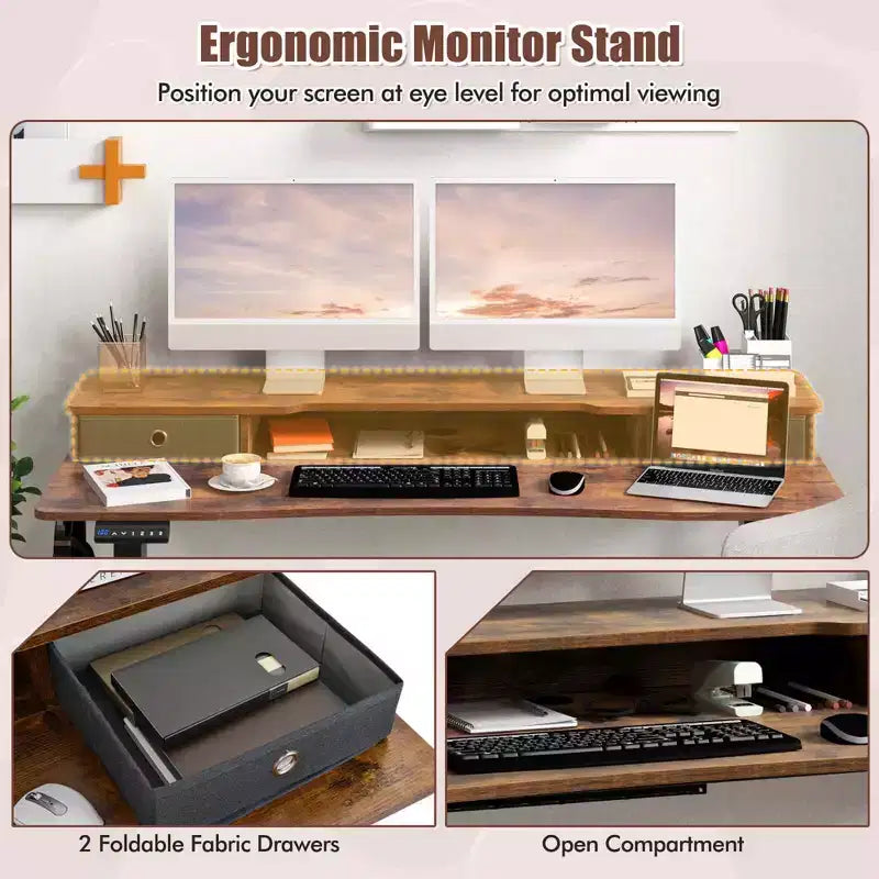 Bureau debout électrique 55x24 avec 2 tiroirs, support d'écran et étagère de rangement Noir/Blanc/Marron