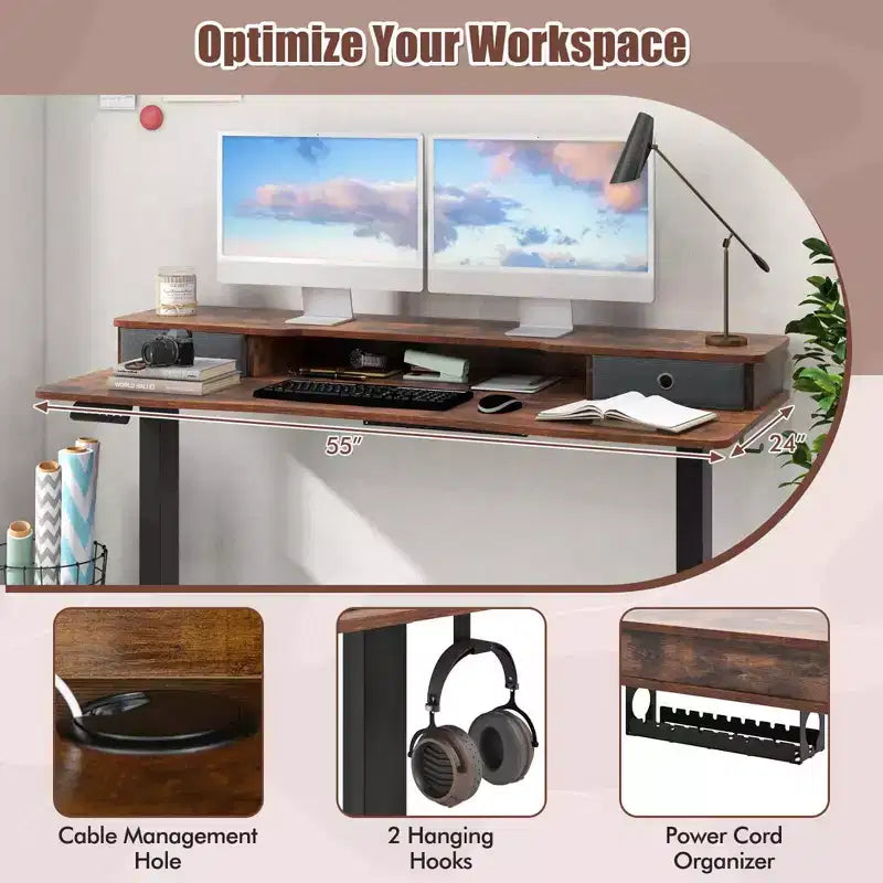 Bureau debout électrique 55x24 avec 2 tiroirs, support d'écran et étagère de rangement Noir/Blanc/Marron