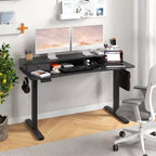 Bureau debout électrique 55x24 avec 2 tiroirs, support d'écran et étagère de rangement Noir/Blanc/Marron