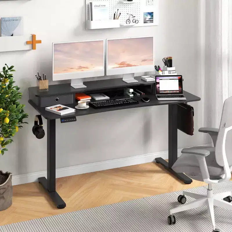 Bureau debout électrique 55x24 avec 2 tiroirs, support d'écran et étagère de rangement Noir/Blanc/Marron