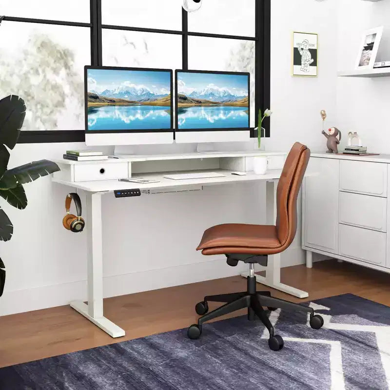 Bureau debout électrique 55x24 avec 2 tiroirs, support d'écran et étagère de rangement Noir/Blanc/Marron
