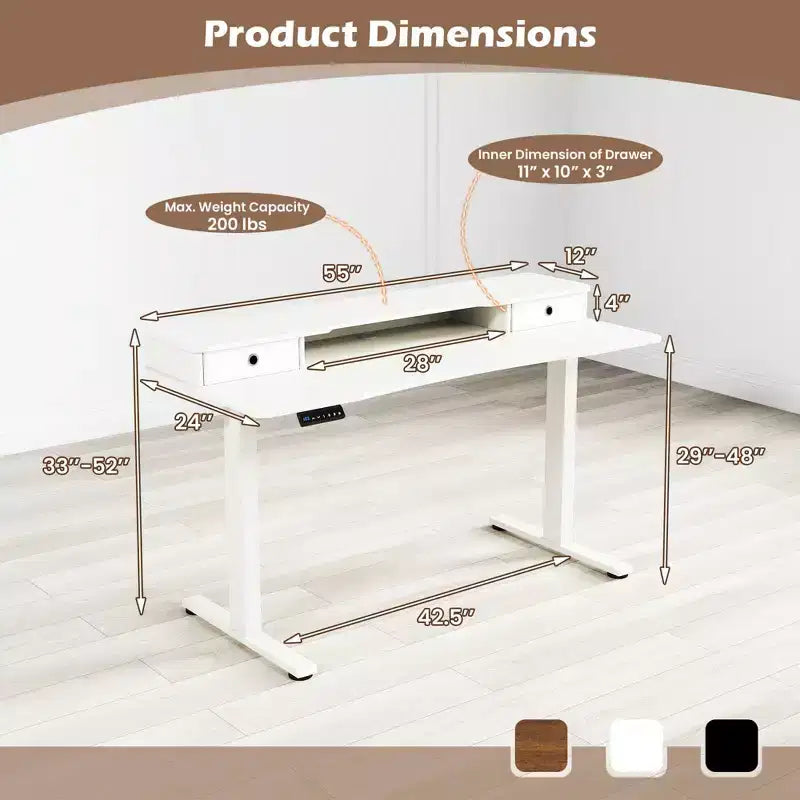 Bureau debout électrique 55x24 avec 2 tiroirs, support d'écran et étagère de rangement Noir/Blanc/Marron