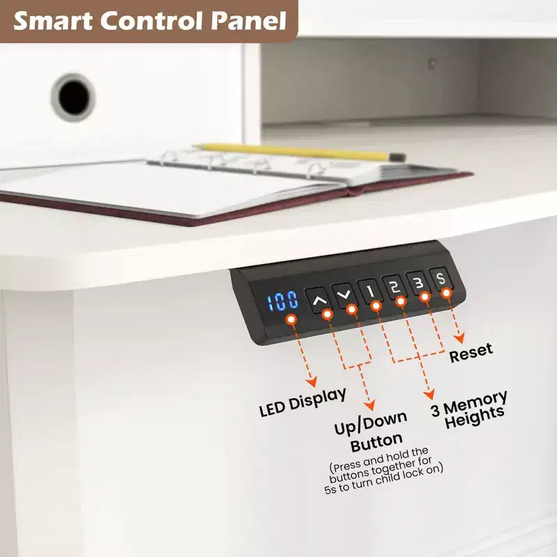 Bureau debout électrique 55x24 avec 2 tiroirs, support d'écran et étagère de rangement Noir/Blanc/Marron