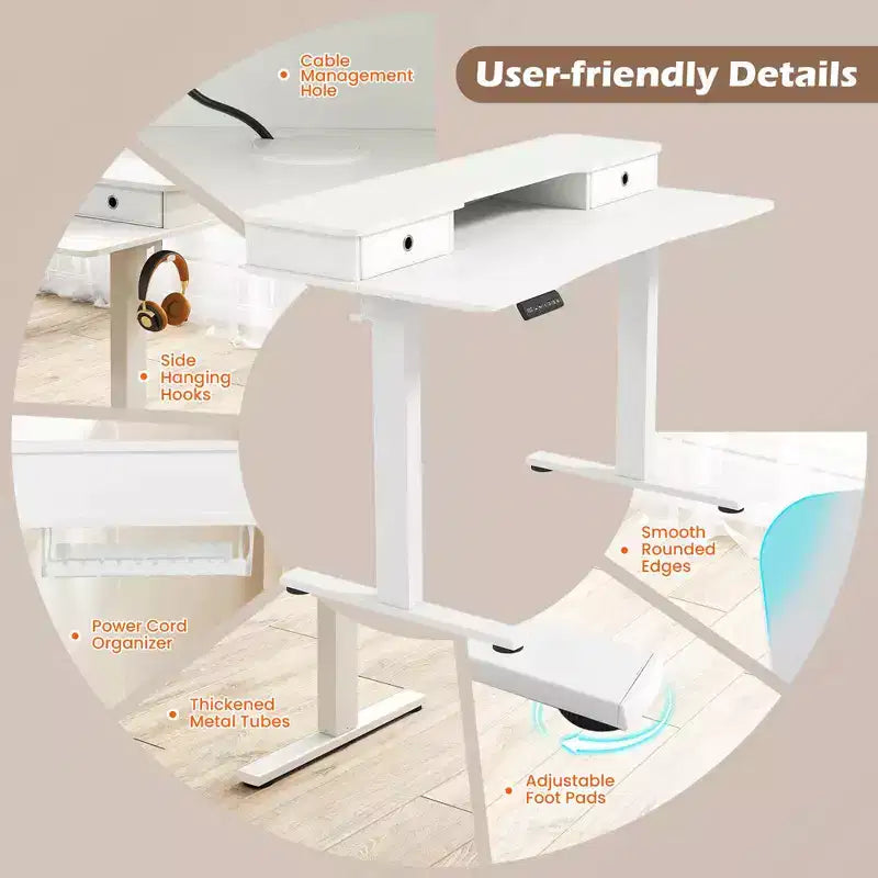 Bureau debout électrique 55x24 avec 2 tiroirs, support d'écran et étagère de rangement Noir/Blanc/Marron