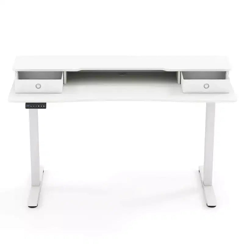 Bureau debout électrique 55x24 avec 2 tiroirs, support d'écran et étagère de rangement Noir/Blanc/Marron