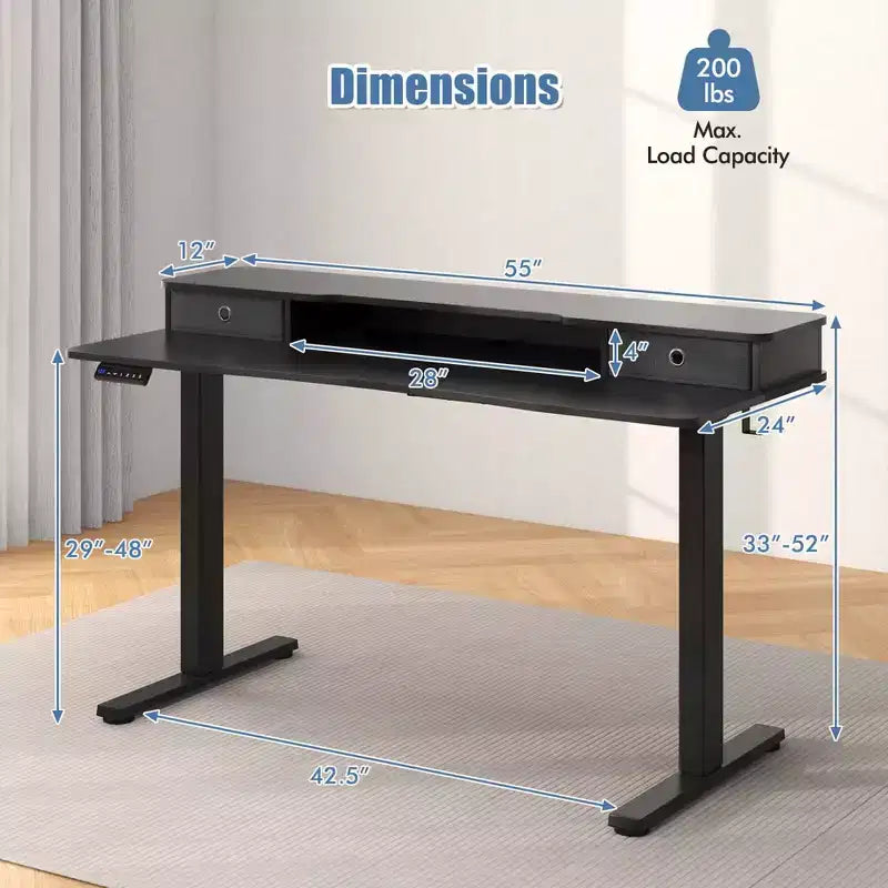 Bureau debout électrique 55x24 avec 2 tiroirs, support d'écran et étagère de rangement Noir/Blanc/Marron