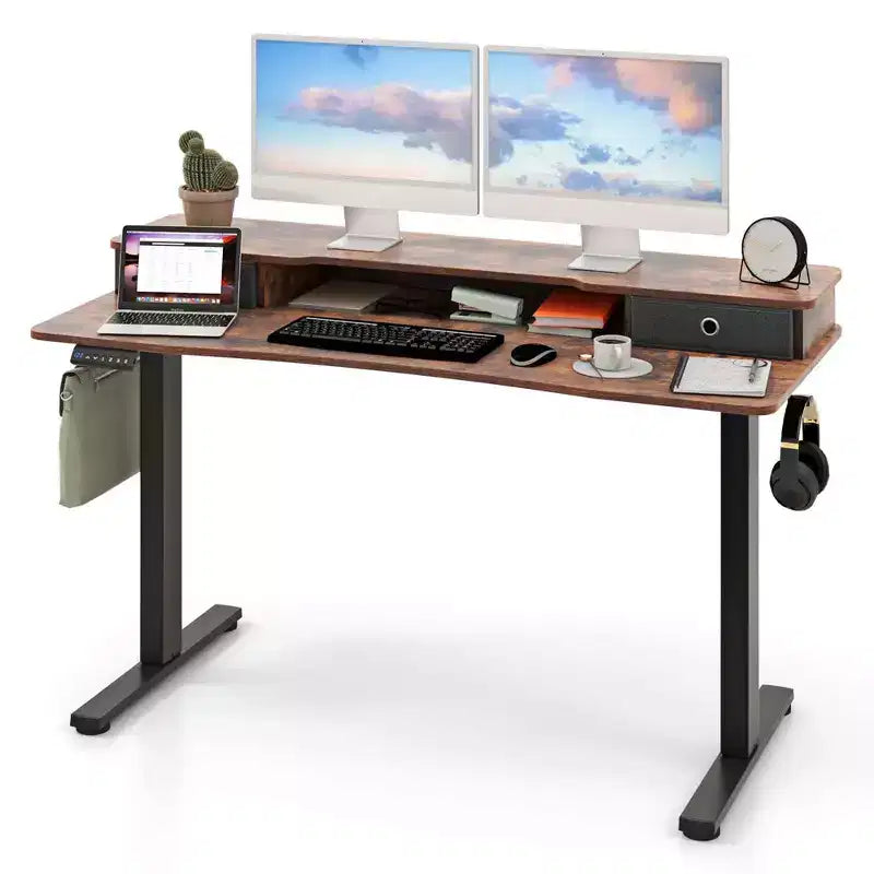 Bureau debout électrique 55x24 avec 2 tiroirs, support d'écran et étagère de rangement Noir/Blanc/Marron