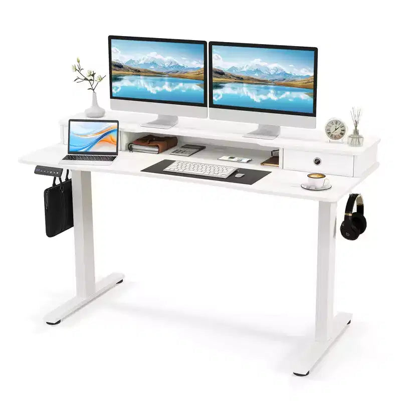 Bureau debout électrique 55x24 avec 2 tiroirs, support d'écran et étagère de rangement Noir/Blanc/Marron