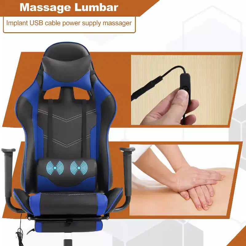 Chaise de bureau gamer avec fonction de massage, support lombaire en cuir PU pour adulte