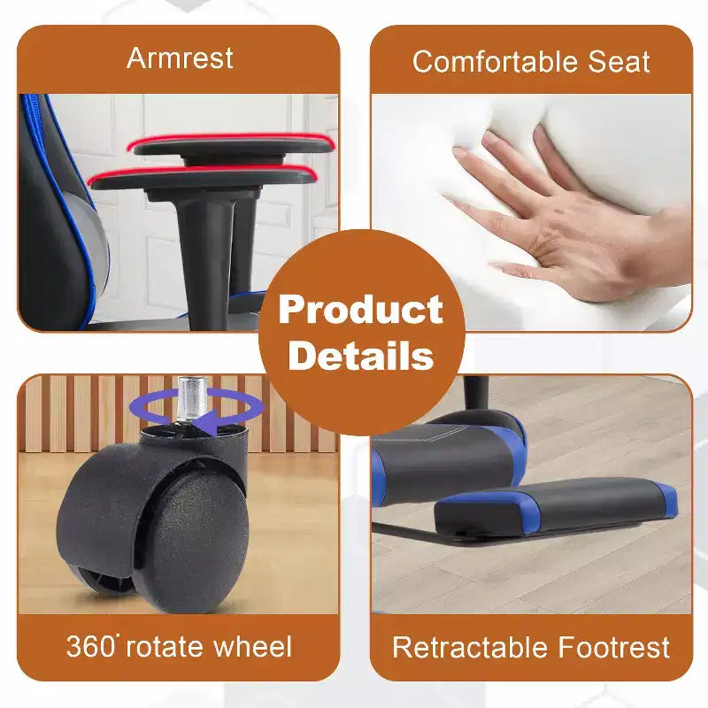Chaise de bureau gamer avec fonction de massage, support lombaire en cuir PU pour adulte