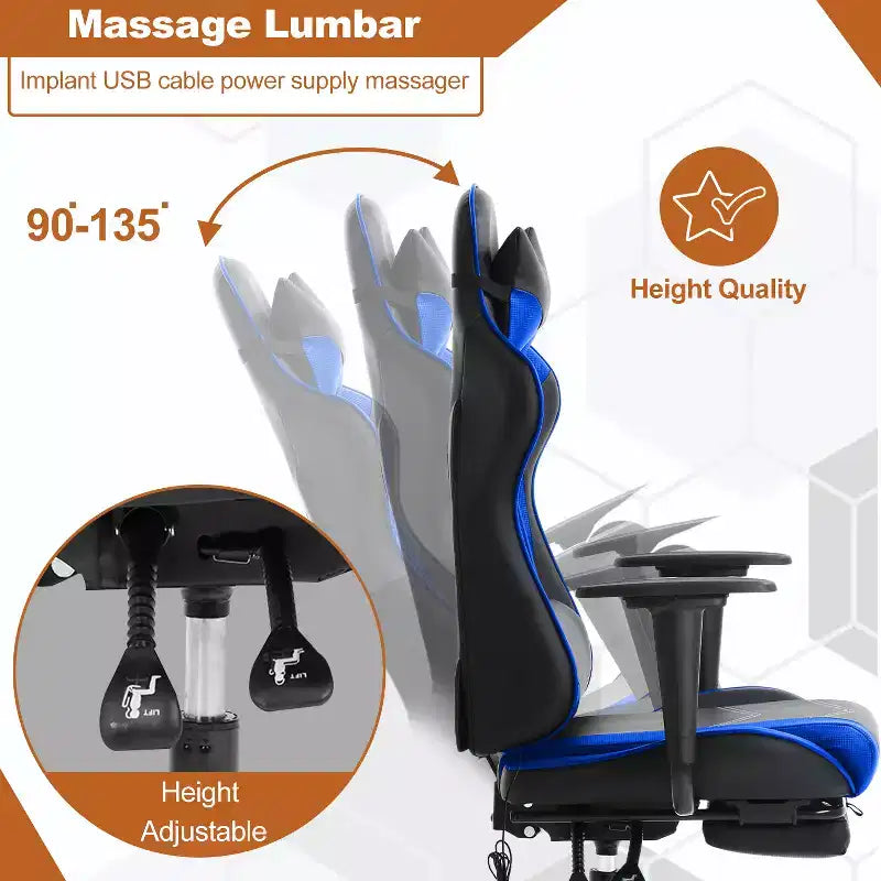 Chaise de bureau gamer avec fonction de massage, support lombaire en cuir PU pour adulte