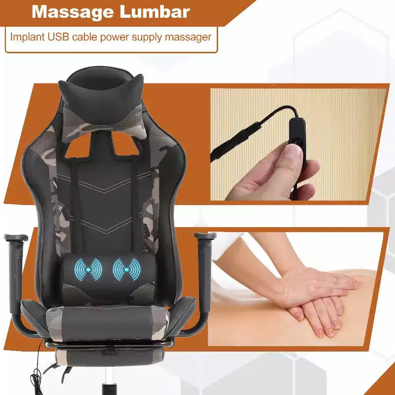 Chaise de bureau gamer avec fonction de massage, support lombaire en cuir PU pour adulte