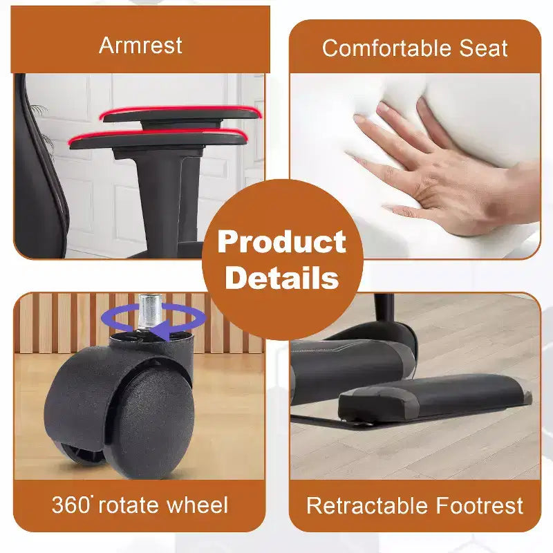 Chaise de bureau gamer avec fonction de massage, support lombaire en cuir PU pour adulte