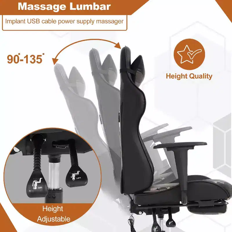 Chaise de bureau gamer avec fonction de massage, support lombaire en cuir PU pour adulte
