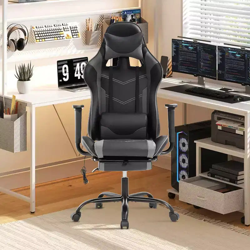 Chaise de bureau gamer avec fonction de massage, support lombaire en cuir PU pour adulte