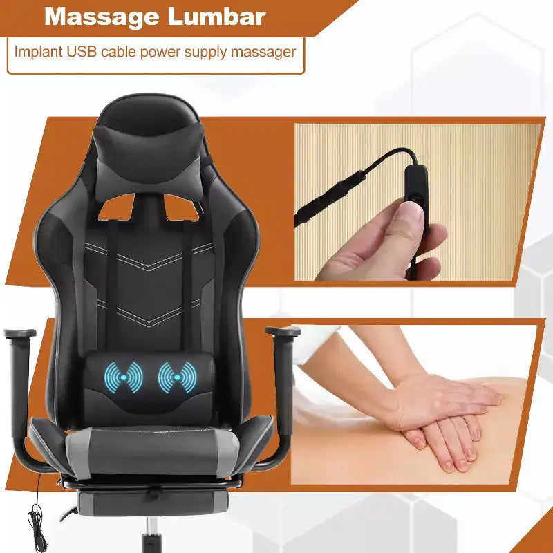 Chaise de bureau gamer avec fonction de massage, support lombaire en cuir PU pour adulte