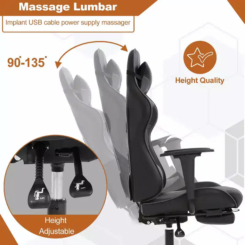 Chaise de bureau gamer avec fonction de massage, support lombaire en cuir PU pour adulte