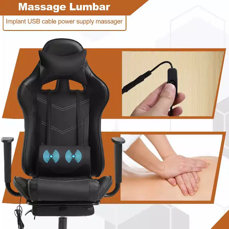Chaise de bureau gamer avec fonction de massage, support lombaire en cuir PU pour adulte