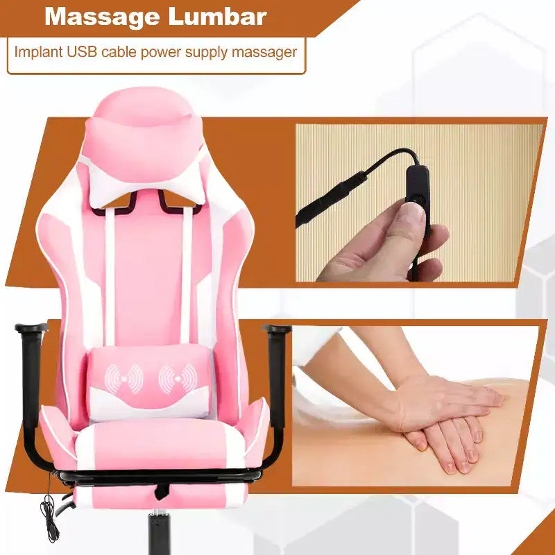Chaise de bureau gamer avec fonction de massage, support lombaire en cuir PU pour adulte