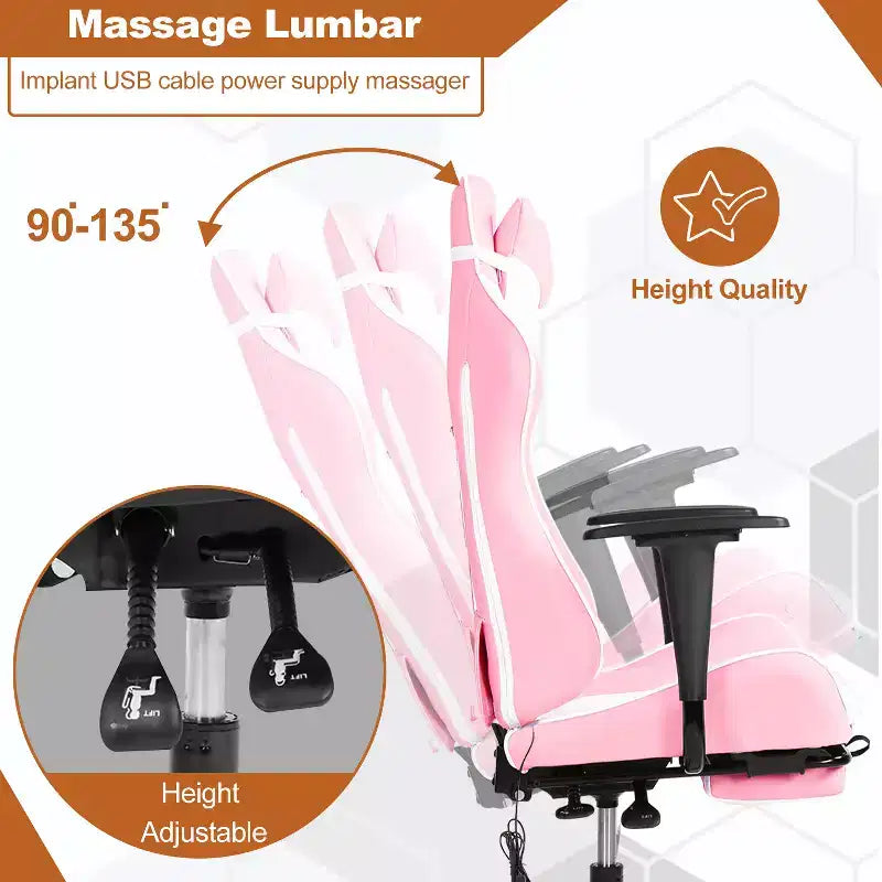 Chaise de bureau gamer avec fonction de massage, support lombaire en cuir PU pour adulte
