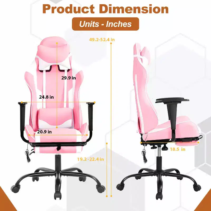 Chaise de bureau gamer avec fonction de massage, support lombaire en cuir PU pour adulte
